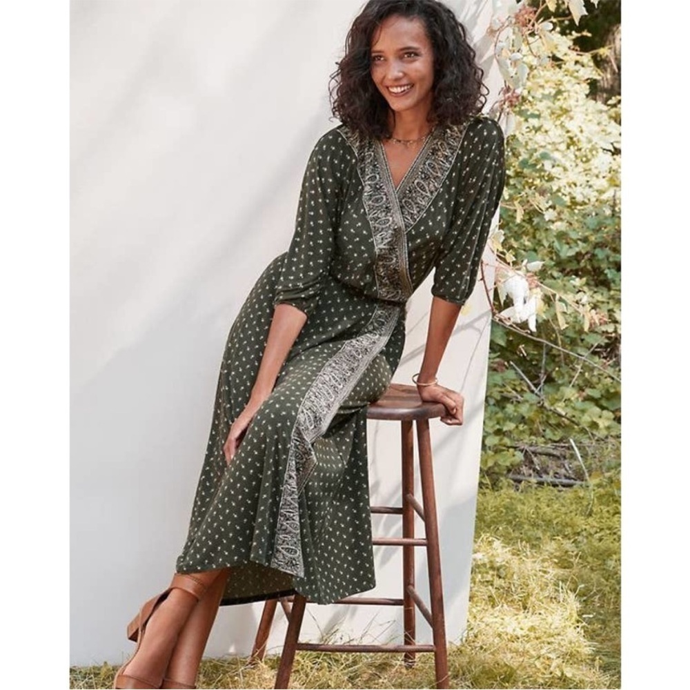 Garnet Hill Batwing Wrap-Detail Knit Dress Nori Border Print Jersey